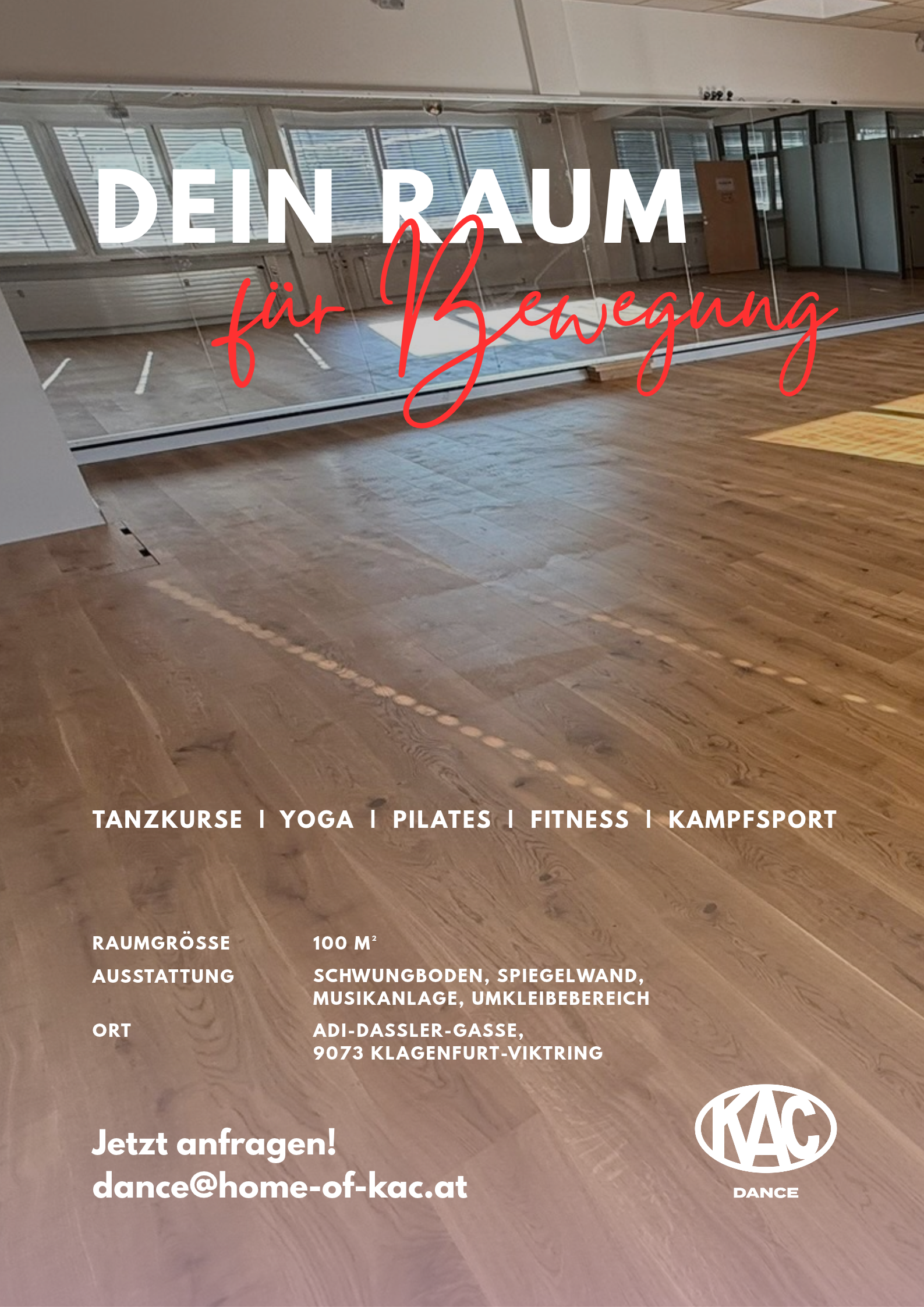 Tanzstudio KAC in Klagenfurt-Viktring mit Schwingboden, Spiegelwand und Musikanlage